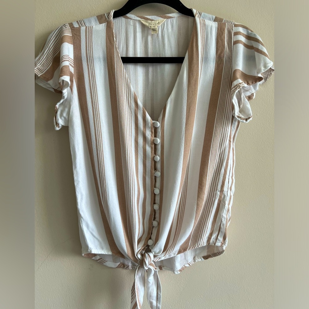 Tan Striped Front Tie Blouse